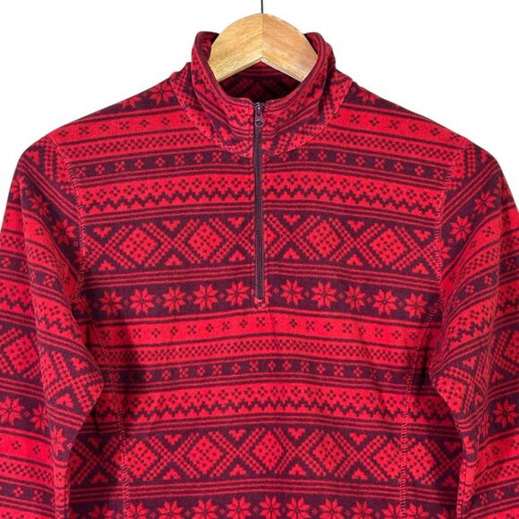 Eddie Bauer Fleece Pullover Womens S Red Fair Isle 1/4 Zip Snowflake Holiday - Picture 2 of 6